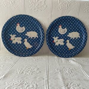 Farm Animal Metal Serving Tray Decor Cow Pig Chicken Duck Blue White Set of 2